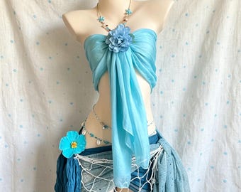 Zweiteiliges Chiffon-Set in Blau-Ozean-Tropenblau, vielseitig tragbarer Strand-Wickellook, Sommerurlaubs-Badeparty-Kostüm, Geschenk für Sie