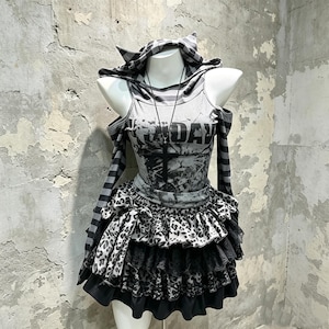 Striped Cat Ear Hooded Cold Shoulder Top Grey Leopard Lace Faux Leather Tiered Skirt 2Pcs Alt Goth Y2K Grunge Matching Set