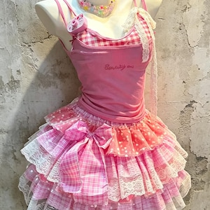 Pink Gingham Patchwork Embroidered Cami Pink Star Lace Tiered Mini Skirt 2Pcs Kawaii Coquette Matching Set