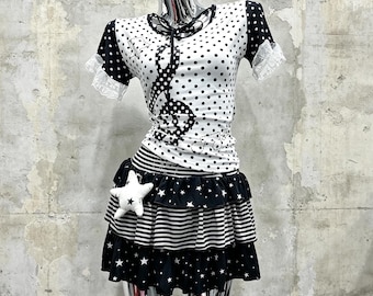 Black White Polka Dot Music Note Short Sleeve Top Striped Star Tiered Mini Skirt 2Pcs Alt Kawaii Y2K Coquette Matching Set