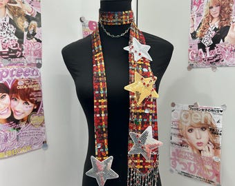 Handmade Plaid Star Sequin Neck Tie, Unisex Metal Tassel Neck Accessory, Custom Cosplay Party Decor Gift For Him Her