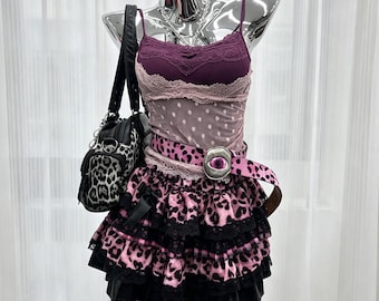 Purple Lace Polka Dot Cami Pink Leopard Lace Ruffle Mini Skirt Set Harajuku Gyaru Scene Kid Alt Punk Outfit Sold Separately Or Bundle