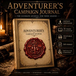 Può includere: Un diario di campagna beige intitolato ADVENTURER'S CAMPAIGN JOURNAL con un sigillo in cera rosso raffigurante un drago e una spada. La copertina presenta bordi decorativi. I riquadri indicano download istantaneo, 31 pagine, PDF, formato A4 e compatibilità D&D 5e e 5.5e.