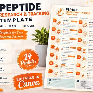 May include: A Peptide Research & Tracking Template document featuring a grid of 14 peptides with icons, descriptions, and tracking notes. The document includes text such as BPC-157, MOTS-C, GHK-Cu, Semax, KPV, Tesamorelin, Retatrutide, Epitalon, TB-500, TGi-Ant, CJC-1295, IGF-1LR3, hCG, and NAD+.