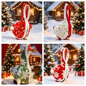 May include: A collection of four decorative goose figurines wearing festive hooded capes. The capes feature red or green fabric with white faux fur trim, decorated with gold foil Christmas tree patterns or white snowflake appliques.