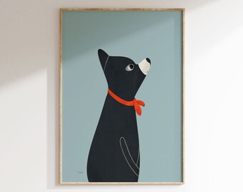 Black dog with red bow bandana - attentive and cute - illustration art print
