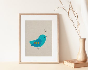 Art Print Giclee, Blue-Green Bird Design on Faux Linen, Art Print, Colorful Poster, Contemporary Design Art Giclee Print Poster, Cute