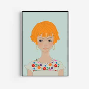 Cute Girl with Orange Hair and Mexican Blouse with Colorful Flowers, Dorm Decor For College Girls, Wall Gift for Girl, Line Art Print