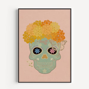 Calavera Catrina with Yellow Flowers and a Butterfly - Dia de Muertos Celebration - Art Print