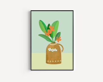 Abstract vase jar with leaves and flowers art print