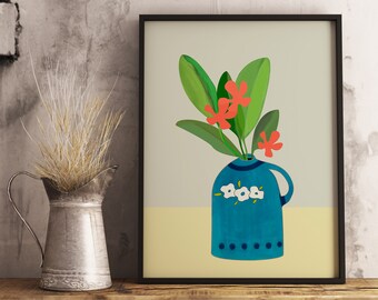 Abstract vase jar with leaves and flowers art print