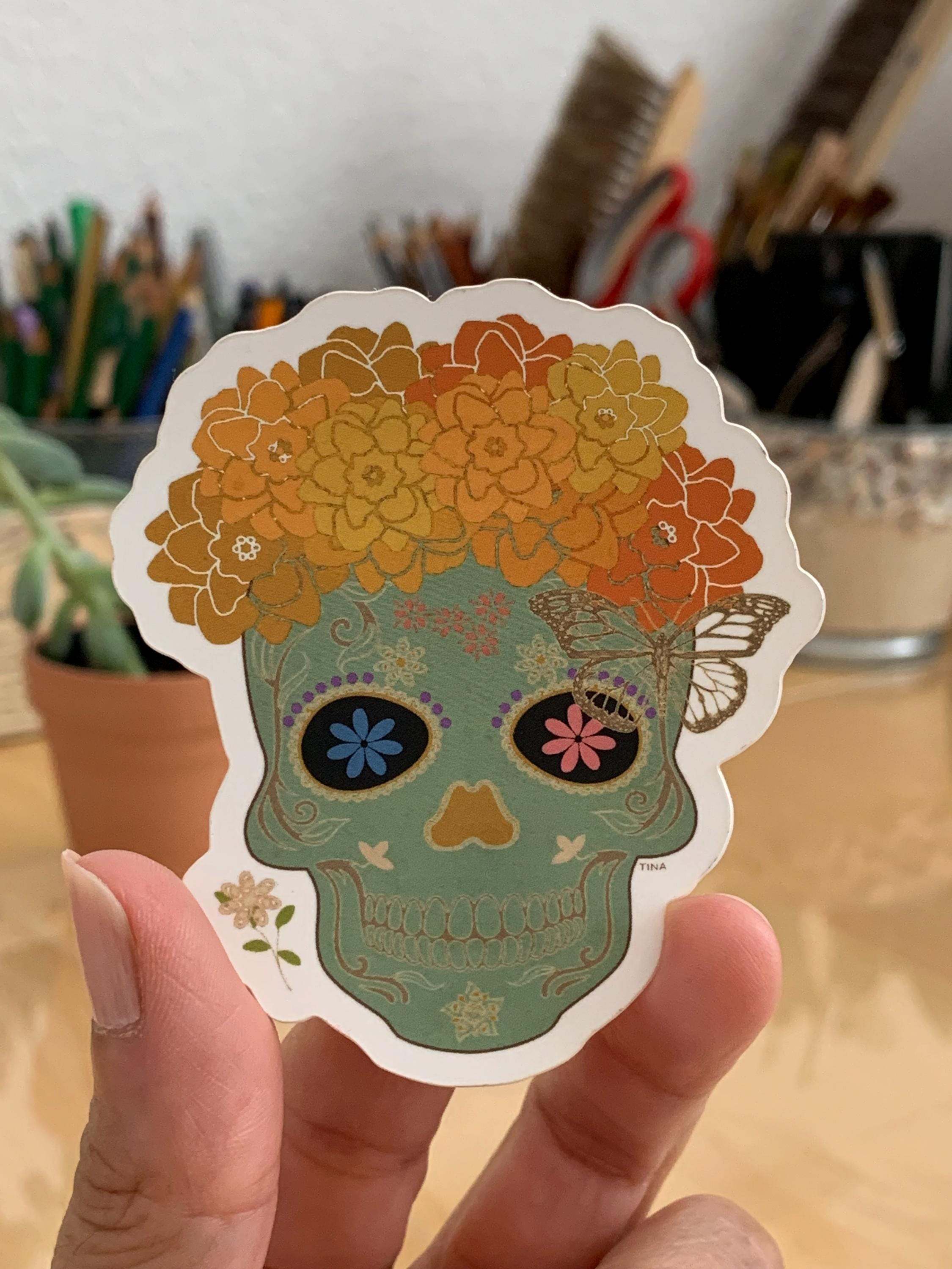 Calabera Sticker Vinyl Sticker Mexican Calavera With Flowers - Etsy
