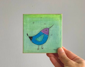 Small 4x4 mini original acrylic painting - Little Blue Bird with Needle Beak