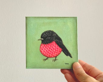 Small 4x4 mini original acrylic painting - Little Pink Robin