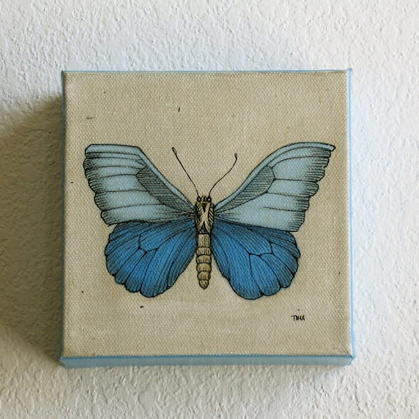 Small Canvas Painting 5x5 Blue Butterfly Art