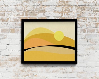 Abstract Modern Art Print Sun Desert Dunes on Faux Linen