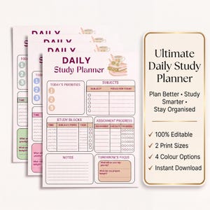 Daily Study Planner | Student Planner Printable | Study Routine Planner | Assignment Progress Tracker | Canva Editable Template