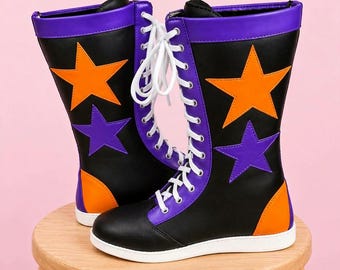 Handgemaakte zwarte leren worstelschoenen | Paars-oranje sterrendesign | Hoge worstelschoenen met vetersluiting | Professionele worstelaarsuitrusting | Custom cosplay-schoenen