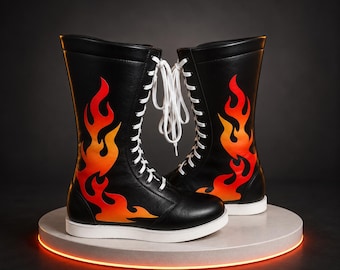 Handmade Black Leather Wrestling Boots | Flame Print Lace Up Shoes | Ring Gear | Combat Sports Footwear | Professional Wrestling Long Boots
