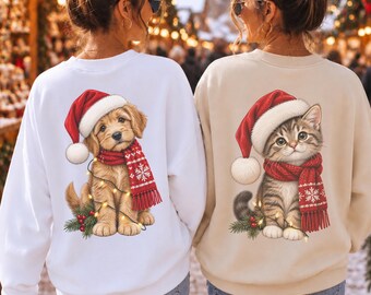 Christmas sweater with dog or cat design, women's Christmas sweatshirt with animal motif, back print of dogs or cats, Christmas gift