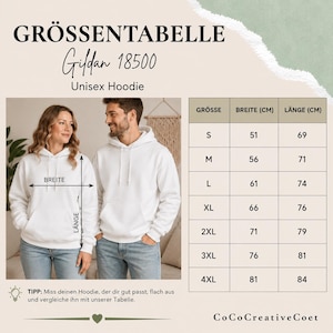 May include: A size chart for a Gildan 18500 unisex hoodie. The chart displays sizes S through 4XL with corresponding width and length measurements in centimetres. The text includes GR&Ouml;SSENTABELLE, Gildan 18500, Unisex Hoodie, BREITE, and L&Auml;NGE.