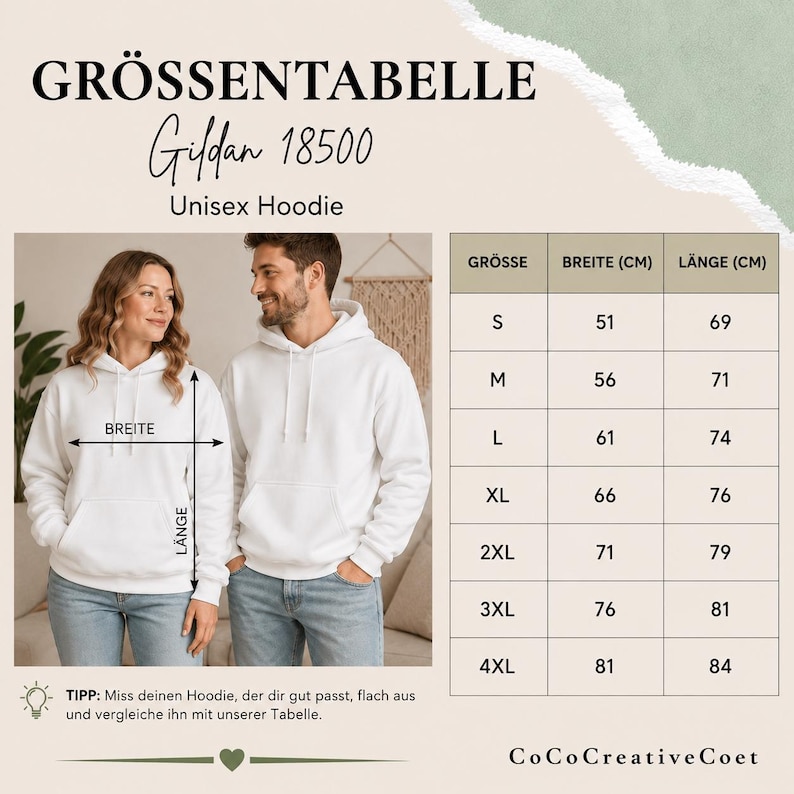 May include: A size chart for a Gildan 18500 unisex hoodie. The chart displays sizes S through 4XL with corresponding width and length measurements in centimetres. The text includes GR&Ouml;SSENTABELLE, Gildan 18500, Unisex Hoodie, BREITE, and L&Auml;NGE.