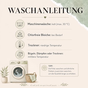 May include: A beige infographic titled WASCHANLEITUNG featuring laundry care icons and text instructions. It includes a washing machine, a woven basket with a cloth, and a potted plant. The text provides guidelines for cold machine washing, non-chlorine bleach, low-temperature drying, and medium-temperature ironing.