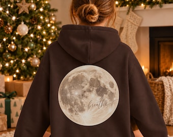 Full Moon Hoodie Women's Breathe Back Print Boho Pullover Moon Design Celestial Hoodie Gift for Women