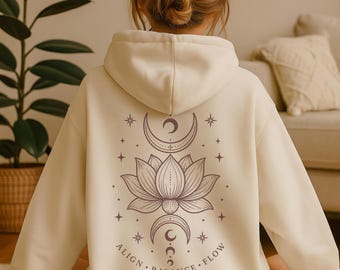 Lotus Hoodie Damen, Boho Hoodie mit Rückenprint, Mond Sweatshirt, Spiritueller Hoodie, Yoga Geschenk, Oversized Unisex Pullover