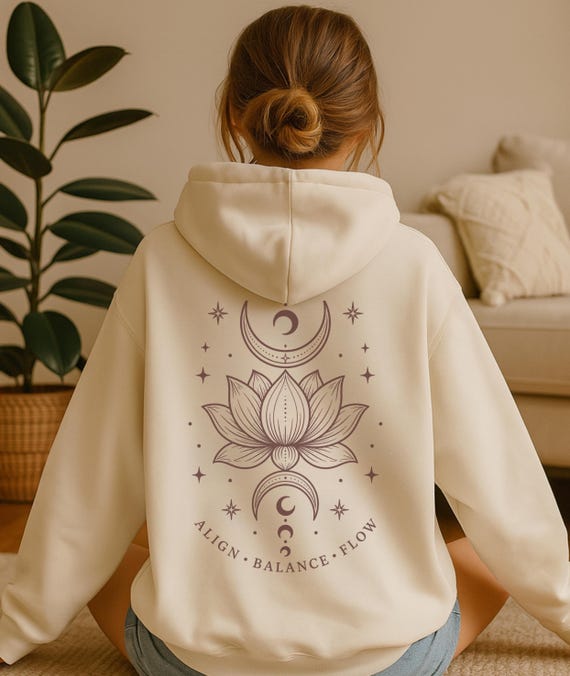 Lotus Hoodie Damen, Boho Hoodie mit Rückenprint, Mond Sweatshirt, Spiritueller Hoodie, Yoga Geschenk, Oversized Unisex Pullover