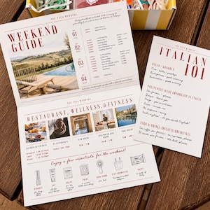 May include: A printed wedding weekend guide and Italian 101 information card featuring red and black text on white paper. The guide includes a schedule, photos of a pool and spa, and a list of essentials with line art icons for guests.