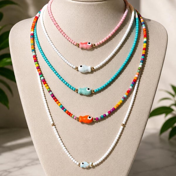 Handmade Ceramic Fish Bead Necklace | Colorful Seed Beads, Coastal Ocean Jewelry