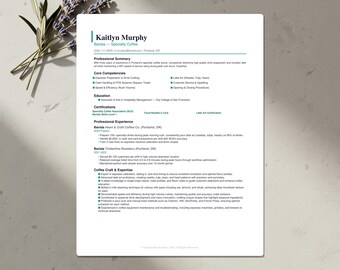 Barista Resume Template Bundle | ATS-Friendly CV, Cover Letter & References | Word, Google Docs, Canva | US Letter and A4 | Download