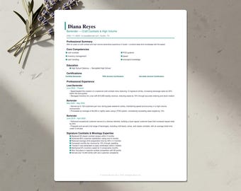Bartender Resume Template Bundle | ATS-Friendly CV, Cover Letter & References | Word, Google Docs, Canva | US Letter and A4 | Download