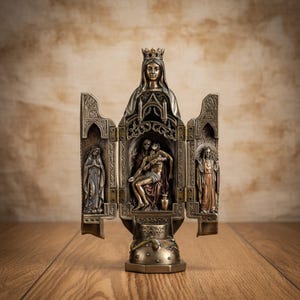 May include: A bronze-toned triptych sculpture featuring a central figure of a crowned woman above a scene of a figure holding another in their lap. The side panels depict standing figures in relief, all set upon a circular base with star details.