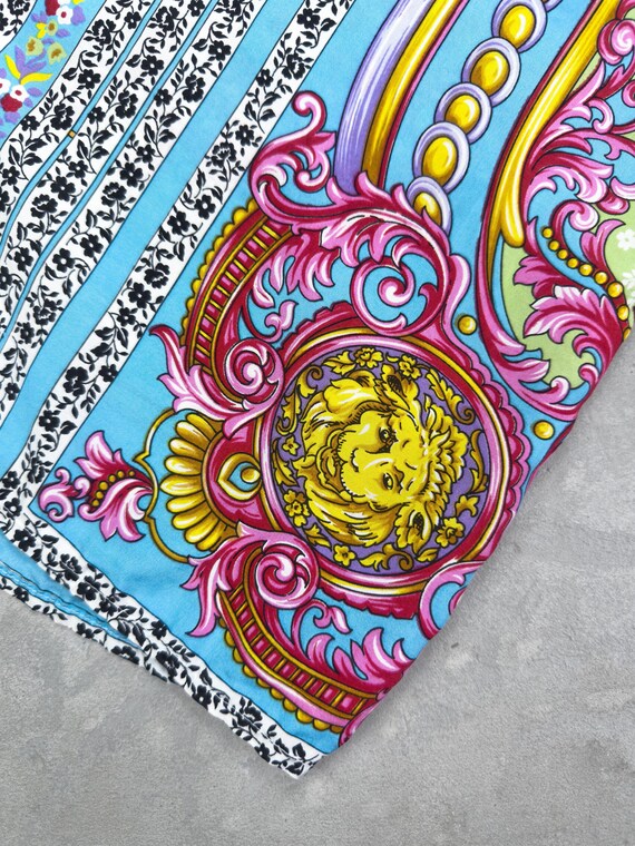 Versus Versace, Rare Gianni Versace shirt - VERSUS line - Iconic Vintage archive 90s fashion - baroque motif - women's - blue , pink , gold , green designer
