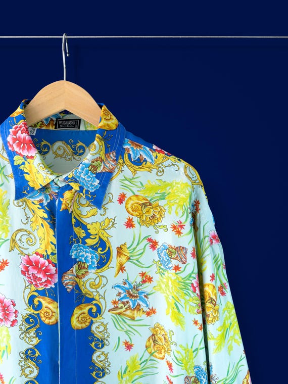 Versus Versace, Gianni Versace Men’s Silk Shirt - VERSUS Line - Rare 90s Vintage Designer Seashell baroque Print - archive 1990 - size 52