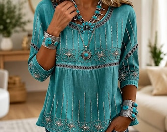 Damska bluzka w stylu boho z nadrukiem, tunika w kwiaty w stylu western, swobodna, vintage, letnia bluzka, luźny, swobodny krój