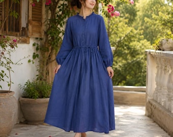 Dames katoenen maxi-jurk met lange mouwen, trekkoord in de taille en knoopsluiting aan de voorkant, casual, losvallende jurk