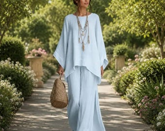 Linen Cotton Lounge Set Women Two Piece Outfit Loose Casual Vacation Matching Coords Pants