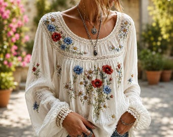 Boho Floral Print Blouse Women Peasant Top Loose Casual Cottagecore Long Sleeve Shirt