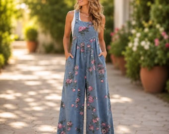 Mono corto de algodón con estampado floral, pernera ancha, sin mangas, estilo casual de verano, con bolsillos, para mujer.