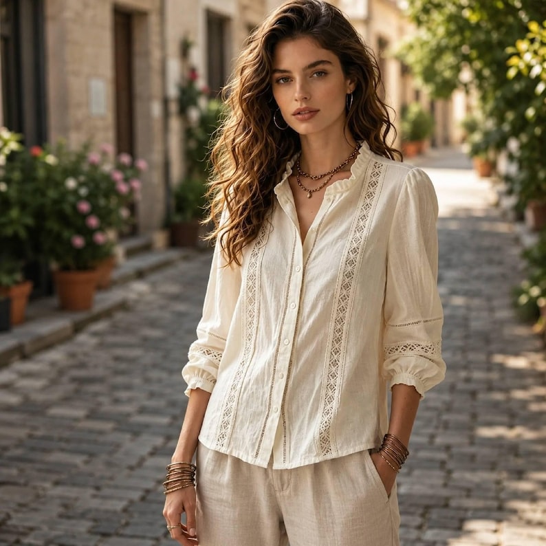 Op de afbeelding: Een cr&egrave;mekleurige blouse met lange mouwen en knoopsluiting, voorzien van verticale kanten inzetstukken langs de voorzijde en de mouwen. Het kledingstuk heeft een opstaande kraag, geplooide manchetten en een textuurrijke stof, gecombineerd met een bijpassende lichte broek.