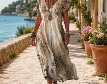 Boho maxi-jurk voor dames met bloemenprint, V-hals en korte mouwen, casual zomeroutfit voor strandvakantie