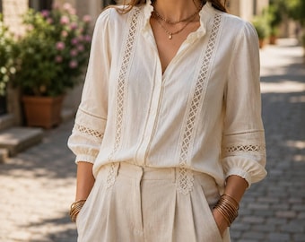 Damesblouse van katoen en linnen met knoopsluiting, boho-stijl, lange mouwen, casual zomertop, elegant