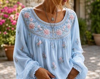 Womens Boho Floral Print Blouse Peasant Top Flowy Cottagecore Long Sleeve Everyday Style