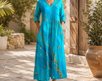 Dames maxi-jurk met bloemenprint, zakken, lange mouwen, V-hals, boho vakantie casual zomeroutfit