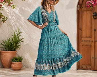 Dames maxi-jurk van katoenmix met boho-bloemenprint, zomerjurk met korte mouwen, vakantieoutfit