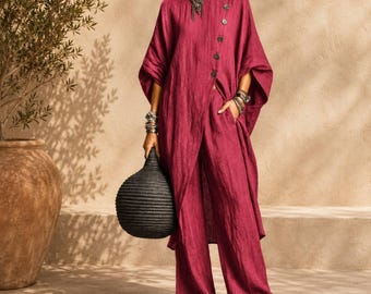 Dames katoenen lounge set bestaande uit een bijpassende outfit met wijde pijpen, een oversized top en comfortabele zakken.