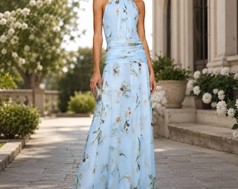 Women's Floral Halter Maxi Dress, Sleeveless Boho Gown, Elegant Wedding Guest Outfit